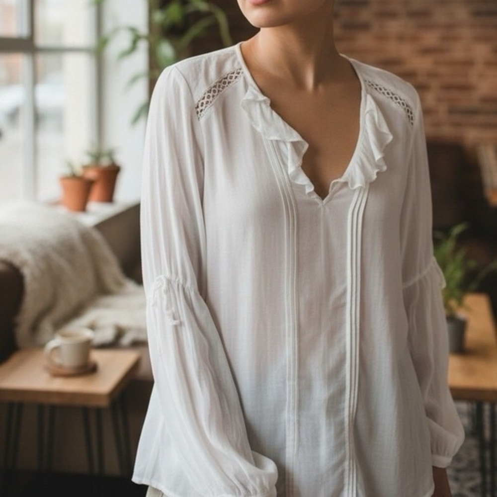 Free People Women White Renaissance Ruffle Crochet Coquette Sheer Top Tie Sleeve